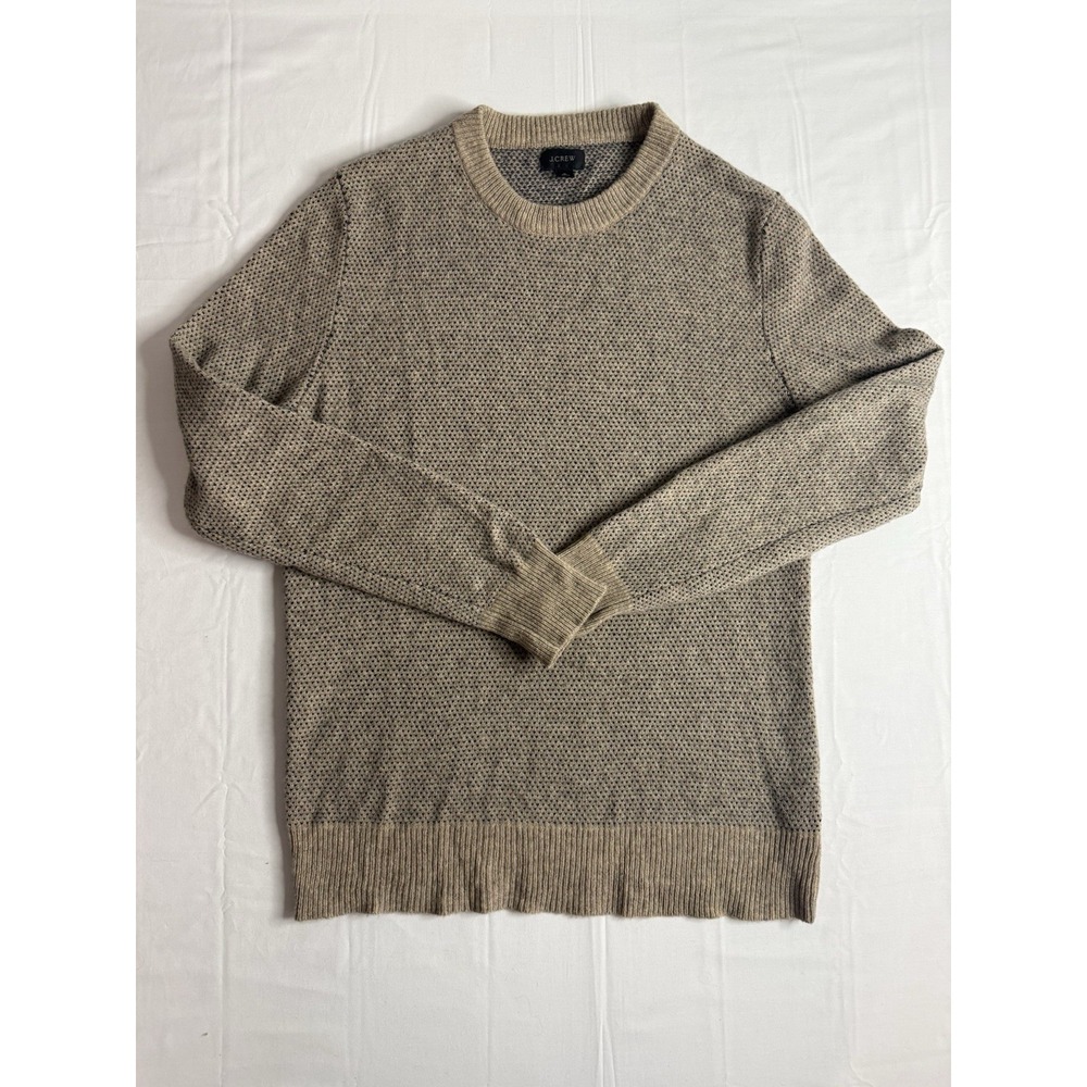 J.Crew Men's Sz Small Merino Wool Blend Birdseye Crewneck Sweater Tan Navy AE300